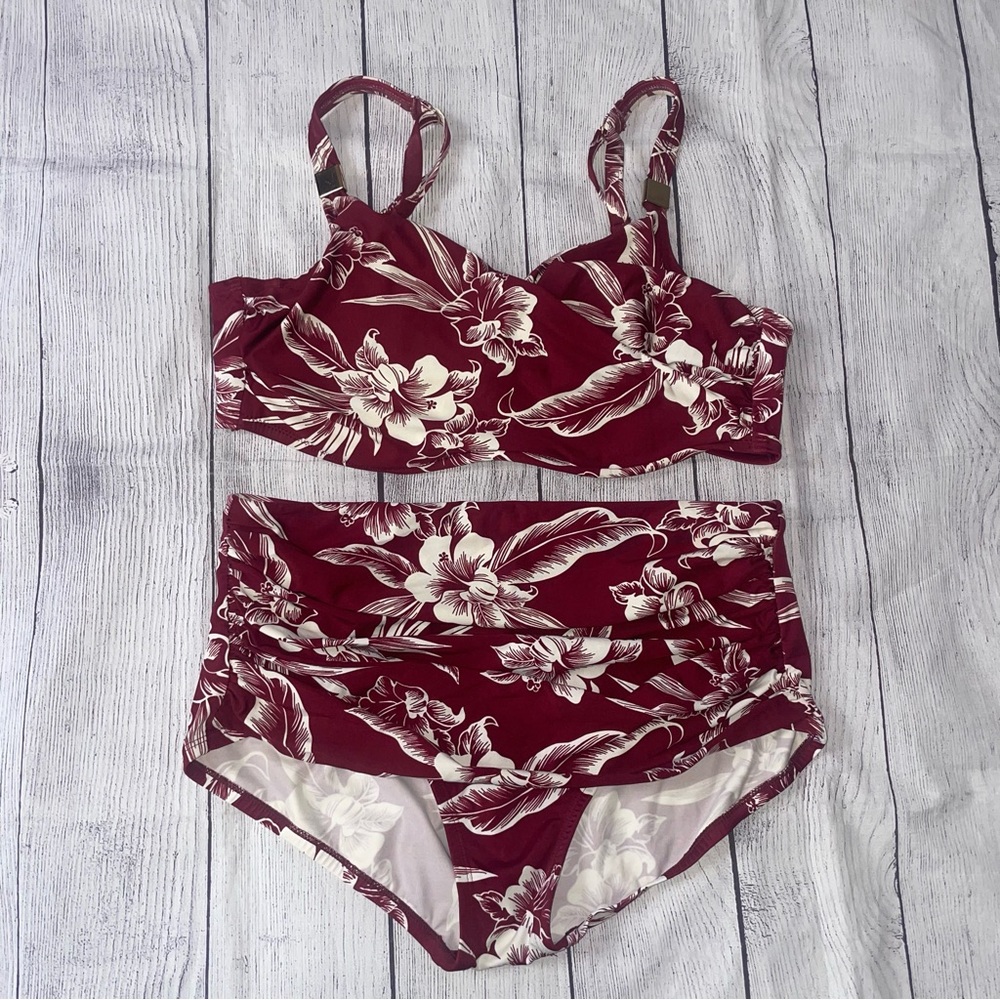 Miraclesuit Maroon and Cream Floral High-Waist Bikini Set